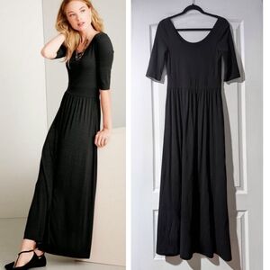 Garnet Hill | Elbow-Sleeve Scoop-Neck Maxi Dress In Black